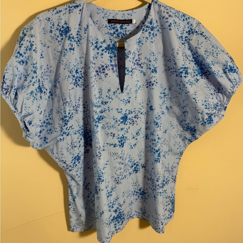 Harvey Faircloth top blouse cotton white blue floral made in USA top Size 4